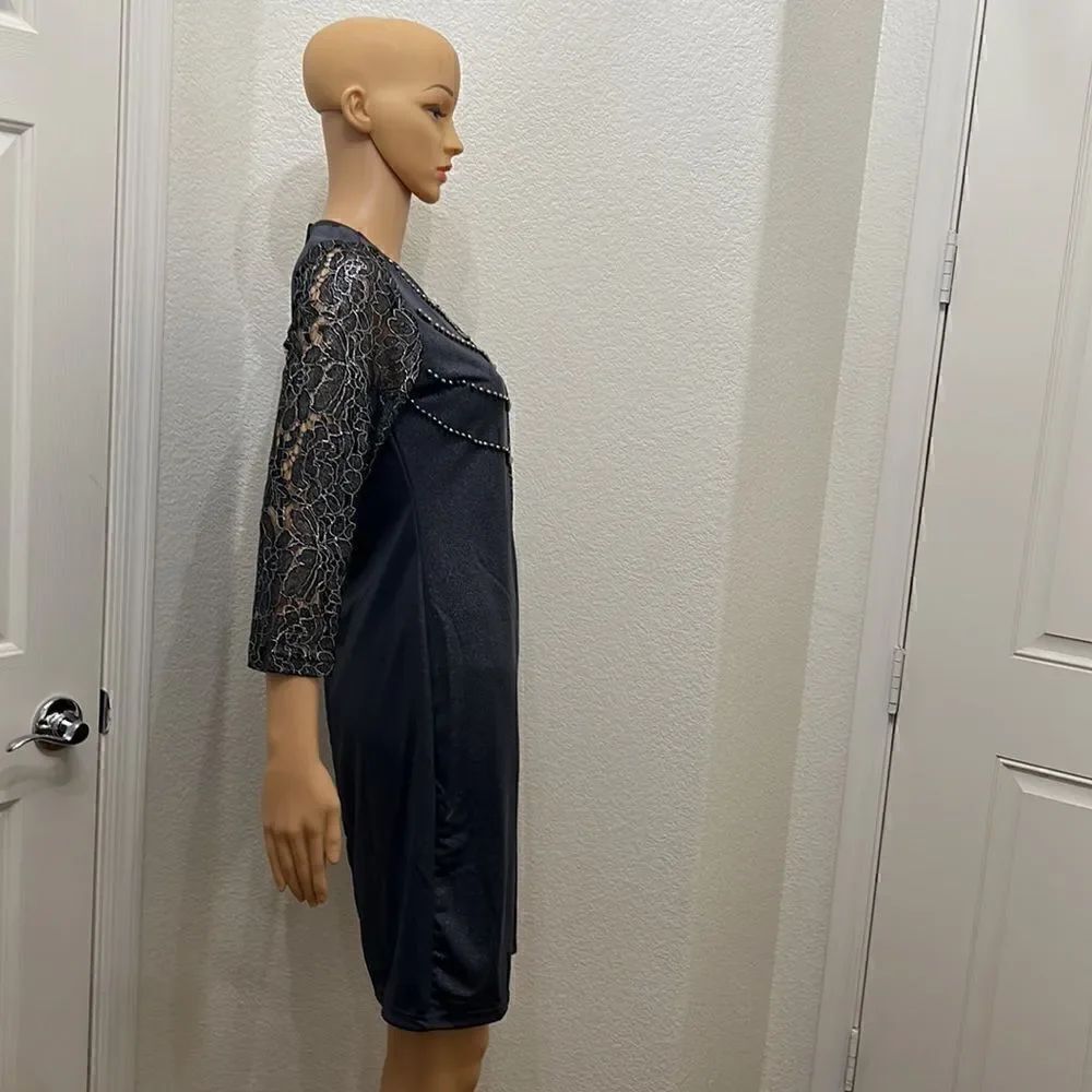 Fashion Mia Dress Size XL Scoop Neck Shimmer Beaded 3/4 Lace Sleeve Midi - Picture 5 of 10